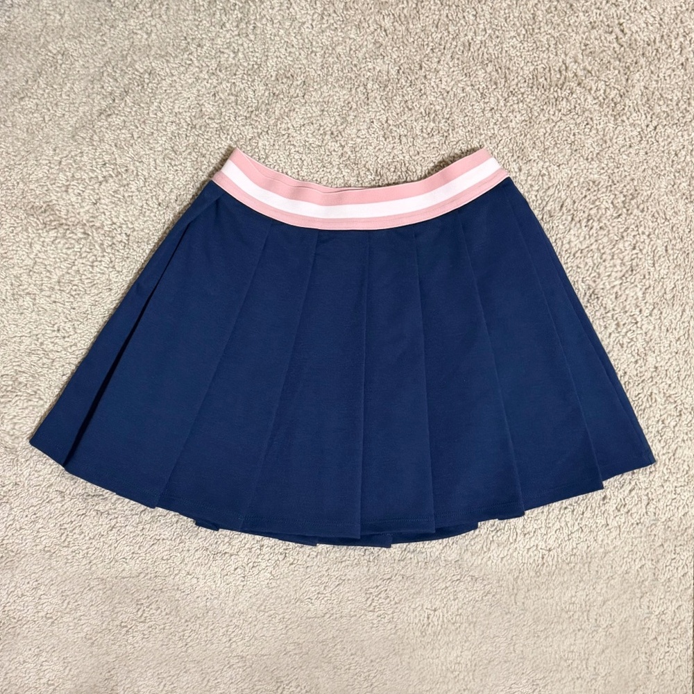 Girls Navy Pleated Skirt with Pink Waistband